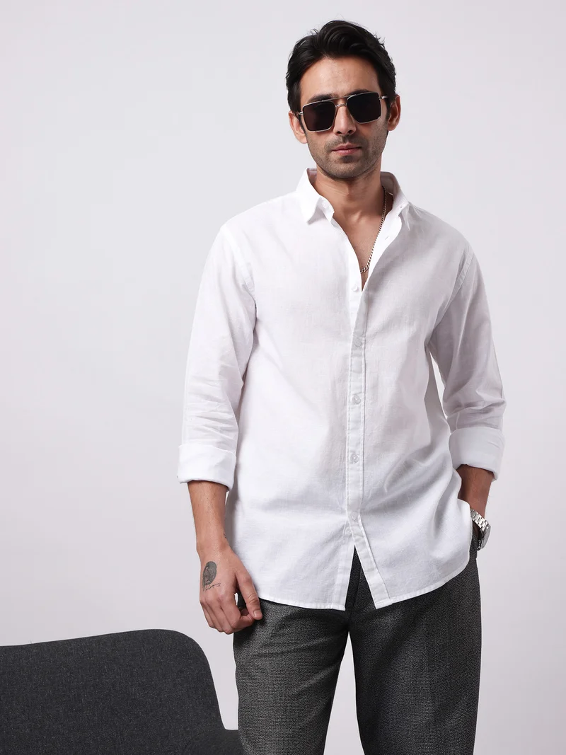 مانياك Maniac Solid Mens Collared Neck Full Sleeve Cotton Linen White Shirt